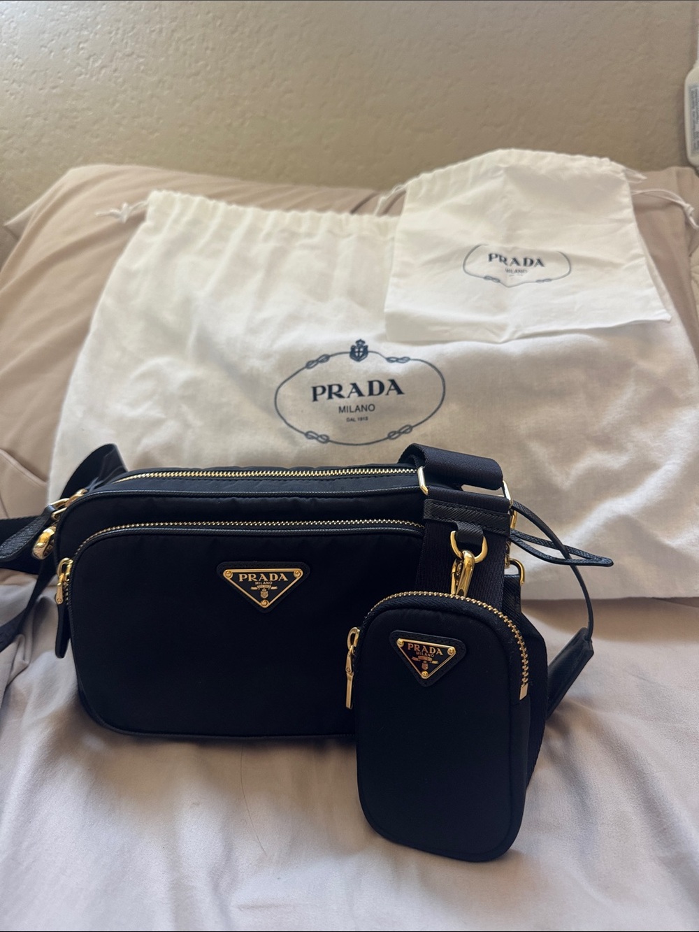 Prada Black Nylon and Gold Mini Shoulder Bag